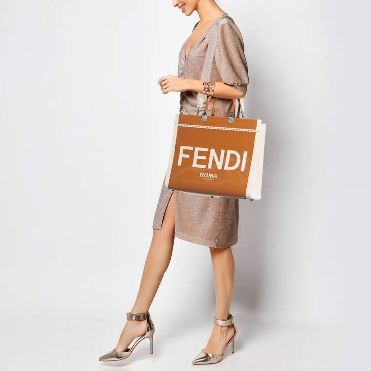 Pre Owned Fendi Brown/Beige Canvas and Patent Leather Medium Sunshine Shopper Tote