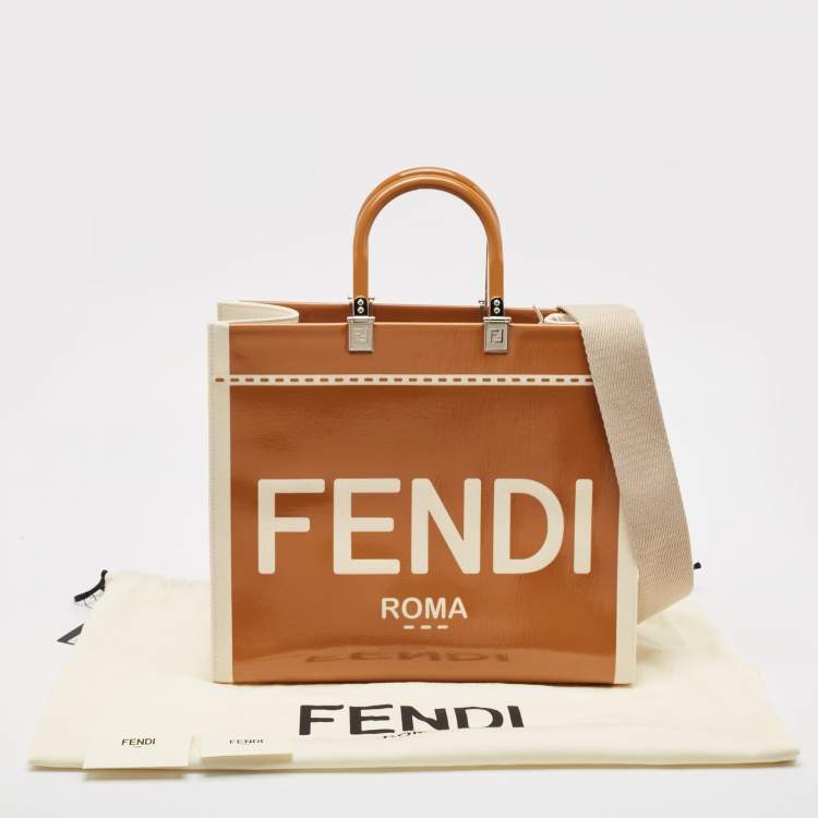 Pre Owned Fendi Brown/Beige Canvas and Patent Leather Medium Sunshine Shopper Tote