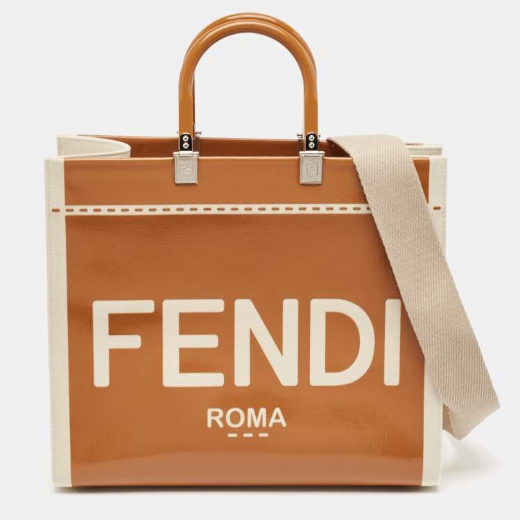 Pre Owned Fendi Brown/Beige Canvas and Patent Leather Medium Sunshine Shopper Tote