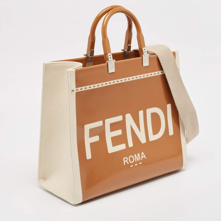 Pre Owned Fendi Brown/Beige Canvas and Patent Leather Medium Sunshine Shopper Tote
