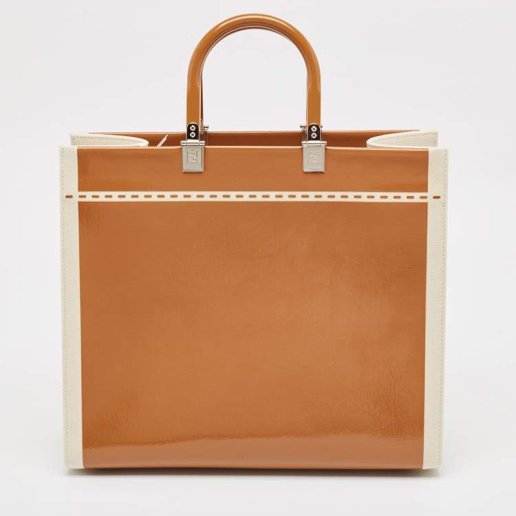 Pre Owned Fendi Brown/Beige Canvas and Patent Leather Medium Sunshine Shopper Tote