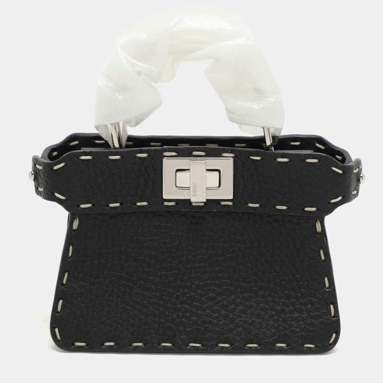 Pre Owned Fendi Black Selleria Leather Micro Peekaboo Top Handle Bag