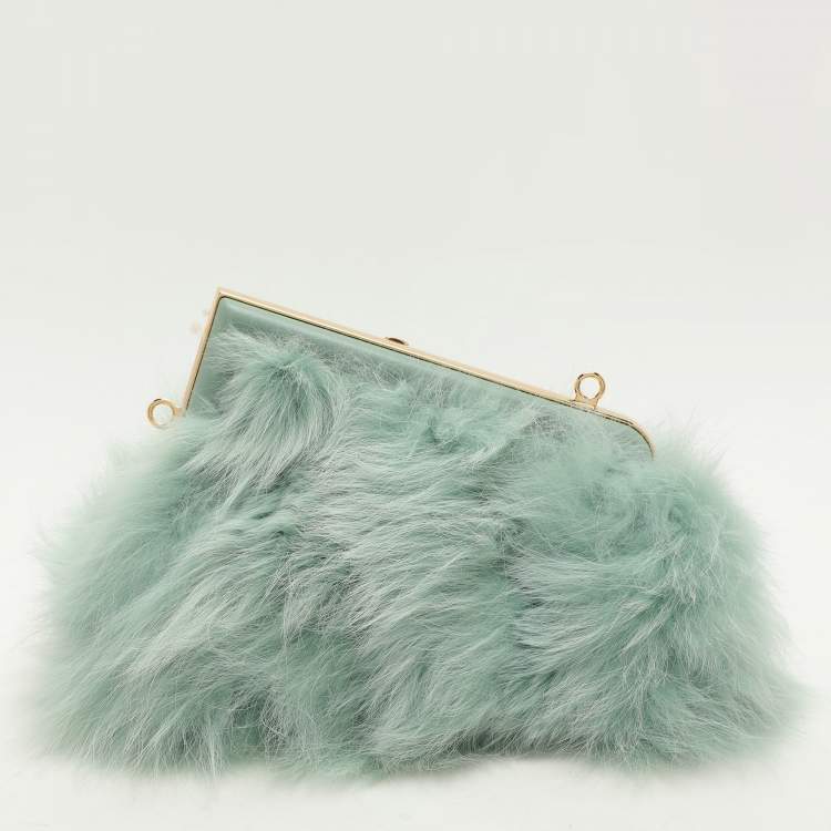 Pre Owned Fendi Green Fox Fur and Leather Small Fendi First Clutch