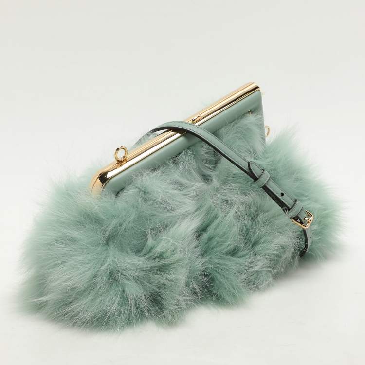 Pre Owned Fendi Green Fox Fur and Leather Small Fendi First Clutch