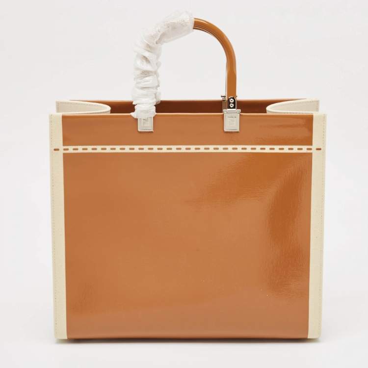 Pre Owned Fendi Brown/Beige Canvas and Patent Leather Medium Sunshine Shopper Tote