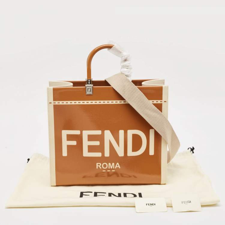 Pre Owned Fendi Brown/Beige Canvas and Patent Leather Medium Sunshine Shopper Tote