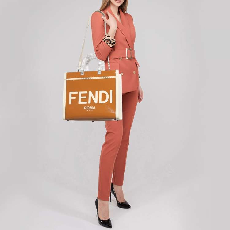 Pre Owned Fendi Brown/Beige Canvas and Patent Leather Medium Sunshine Shopper Tote