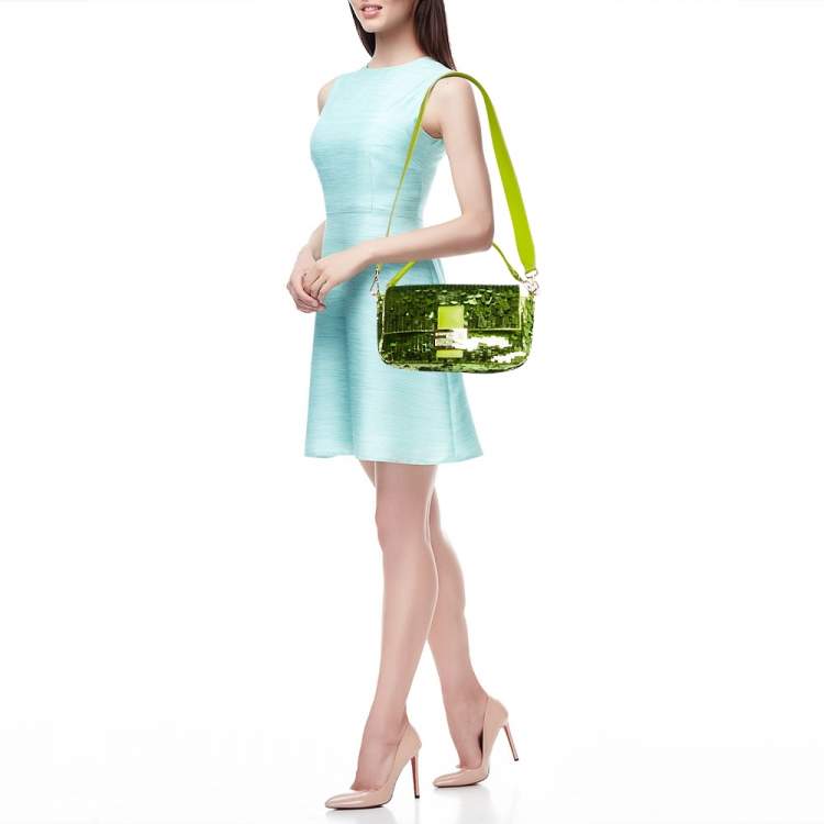 Pre Owned Fendi Green Sequins Paillettes Medium Sex and The City Baguette Bag