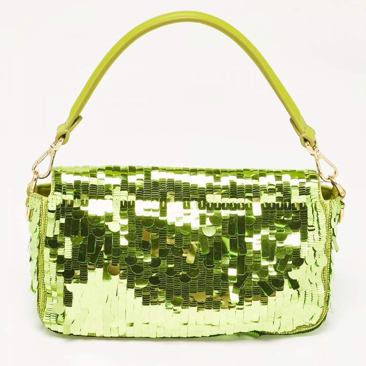 Pre Owned Fendi Green Sequins Paillettes Medium Sex and The City Baguette Bag