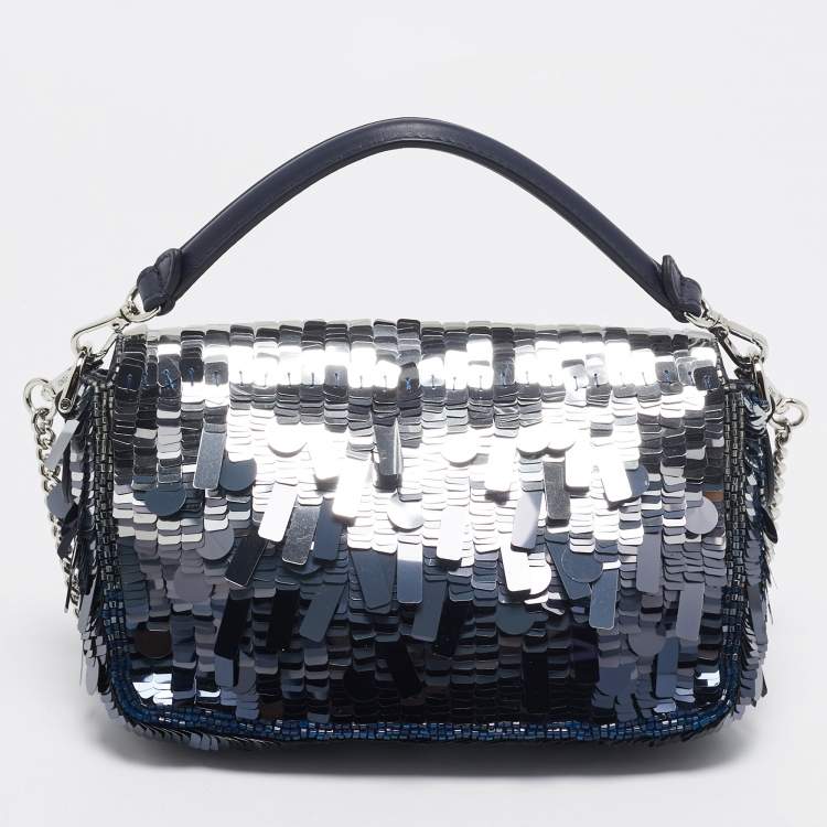 Pre Owned Fendi Navy Blue Sequins and Beads Mini Baguette Chain Bag