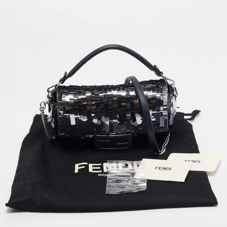 Pre Owned Fendi Navy Blue Sequins and Beads Mini Baguette Chain Bag