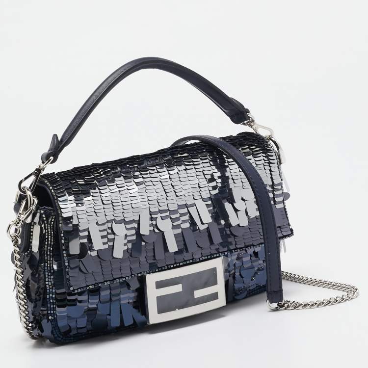 Pre Owned Fendi Navy Blue Sequins and Beads Mini Baguette Chain Bag