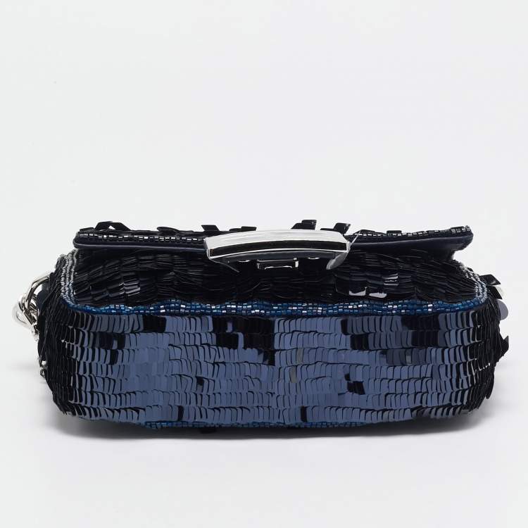 Pre Owned Fendi Navy Blue Sequins and Beads Mini Baguette Chain Bag