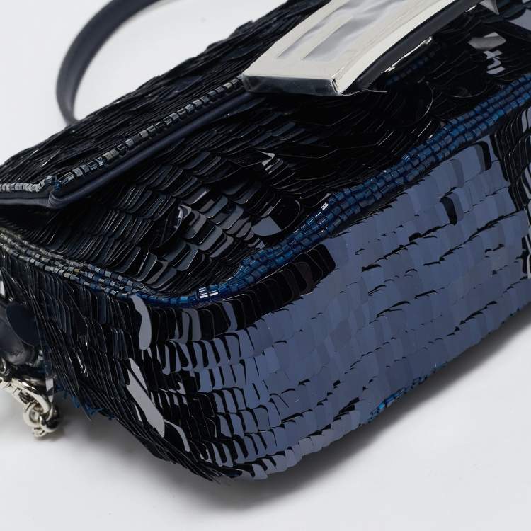 Pre Owned Fendi Navy Blue Sequins and Beads Mini Baguette Chain Bag