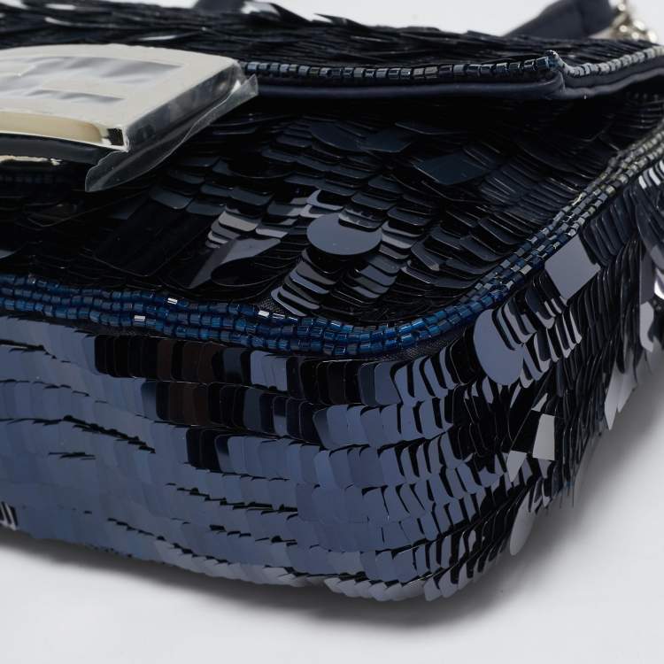 Pre Owned Fendi Navy Blue Sequins and Beads Mini Baguette Chain Bag