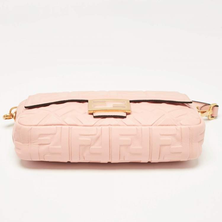 Pre Owned Fendi Pink Zucca Embossed Leather Medium Baguette Bag