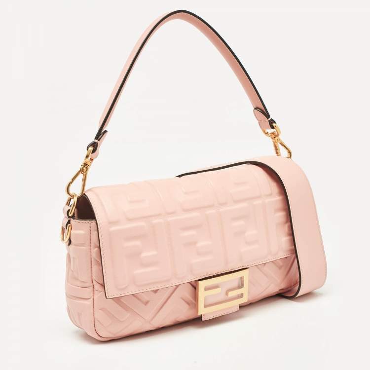 Pre Owned Fendi Pink Zucca Embossed Leather Medium Baguette Bag