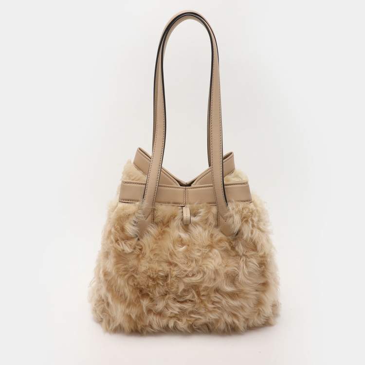 Pre Owned Fendi Beige Lamb Fur and Leather Medium Origami Tote