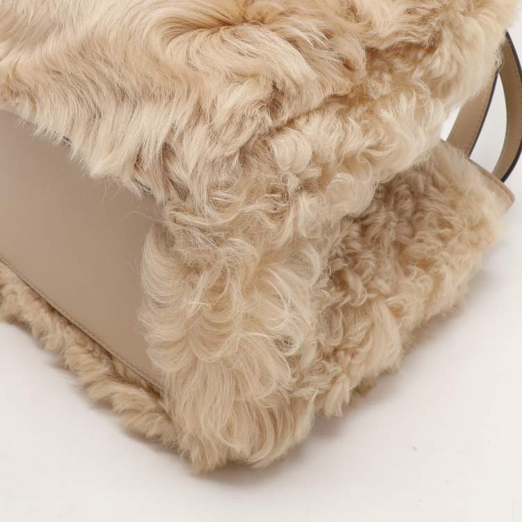 Pre Owned Fendi Beige Lamb Fur and Leather Medium Origami Tote