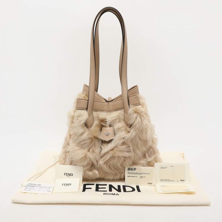 Pre Owned Fendi Beige Lamb Fur and Leather Medium Origami Tote