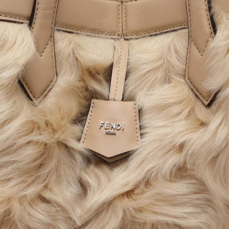 Pre Owned Fendi Beige Lamb Fur and Leather Medium Origami Tote