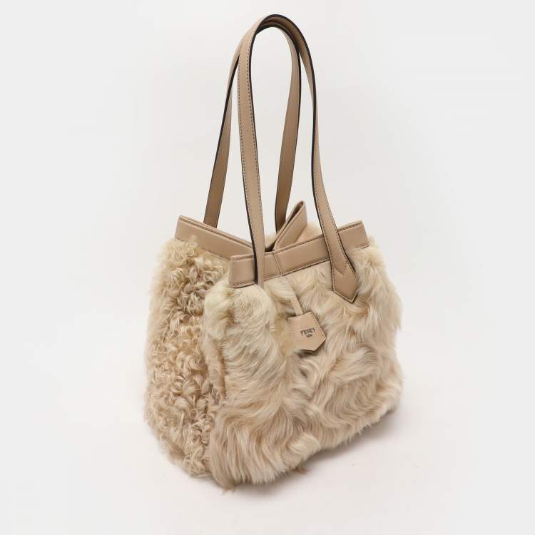 Pre Owned Fendi Beige Lamb Fur and Leather Medium Origami Tote