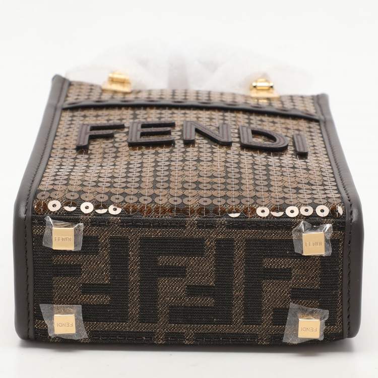 Pre Owned Fendi Brown Sequins Canvas and Leather Mini Sunshine Tote