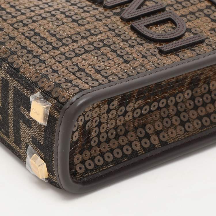 Pre Owned Fendi Brown Sequins Canvas and Leather Mini Sunshine Tote