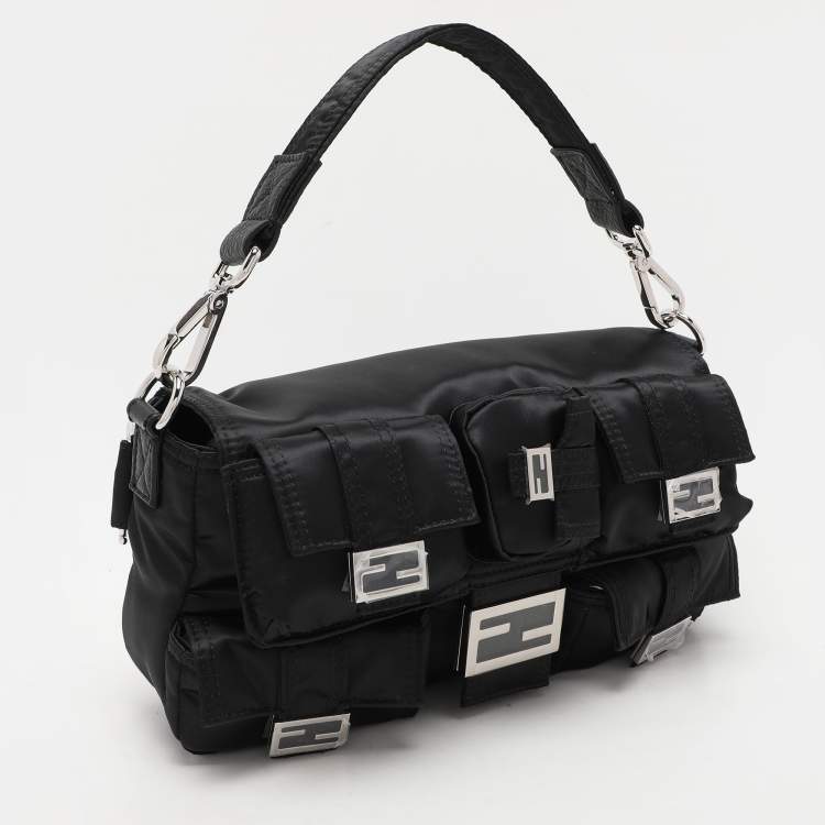 Pre Owned Fendi Black Nylon Multipocket Baguette Bag