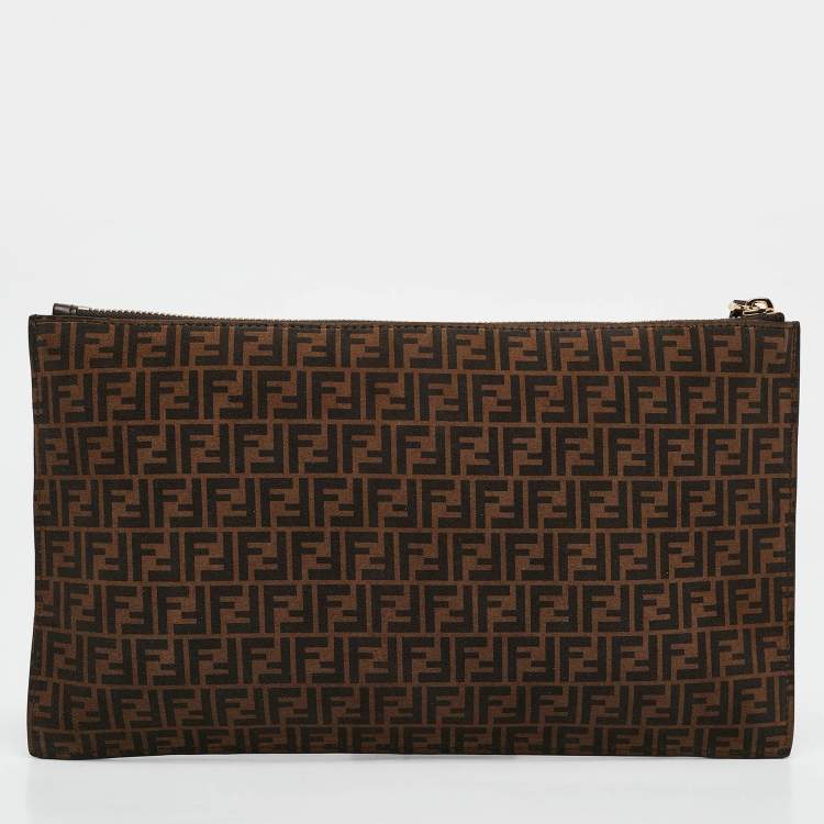 Pre Owned Fendi Tobacco Zucca Suede Flat Zip Pouch