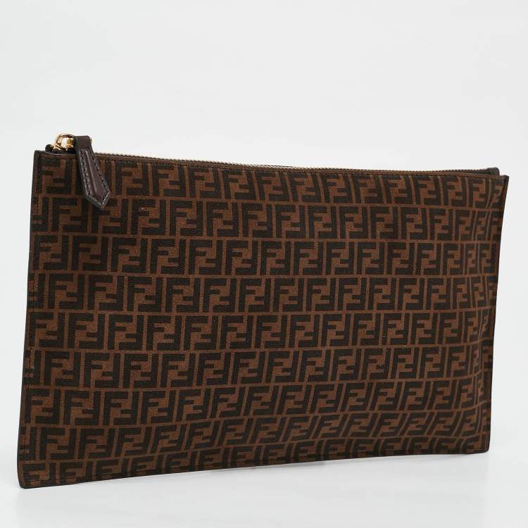 Pre Owned Fendi Tobacco Zucca Suede Flat Zip Pouch