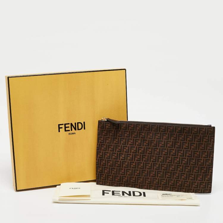 Pre Owned Fendi Tobacco Zucca Suede Flat Zip Pouch