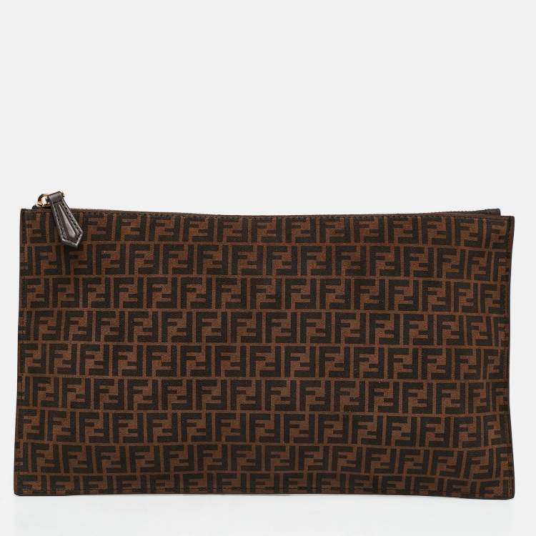 Pre Owned Fendi Tobacco Zucca Suede Flat Zip Pouch