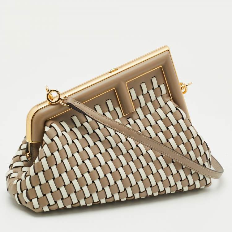 Pre Owned Fendi Beige/White Woven Leather Small First Shoulder Bag