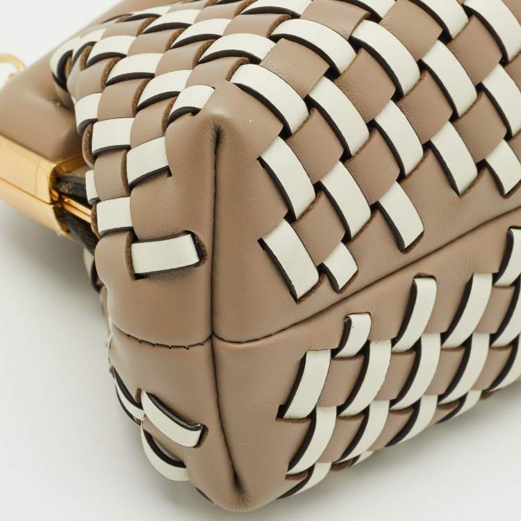 Pre Owned Fendi Beige/White Woven Leather Small First Shoulder Bag
