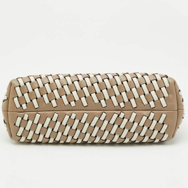 Pre Owned Fendi Beige/White Woven Leather Small First Shoulder Bag