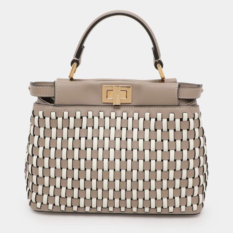 Pre Owned Fendi Grey/White Woven Leather Mini Peekaboo Top Handle Bag