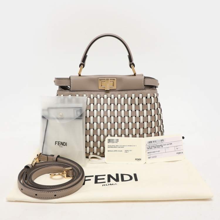 Pre Owned Fendi Grey/White Woven Leather Mini Peekaboo Top Handle Bag