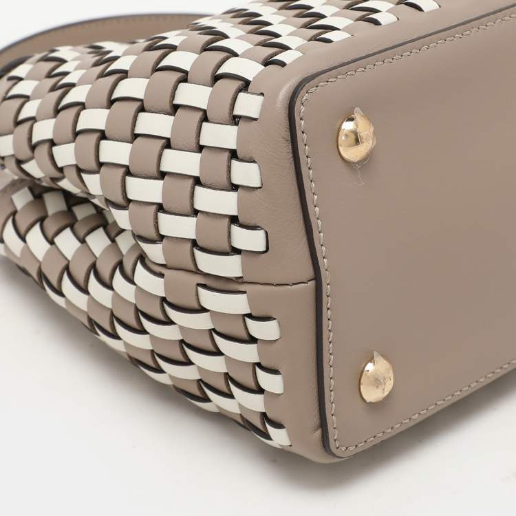 Pre Owned Fendi Grey/White Woven Leather Mini Peekaboo Top Handle Bag