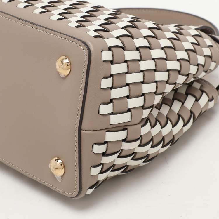 Pre Owned Fendi Grey/White Woven Leather Mini Peekaboo Top Handle Bag