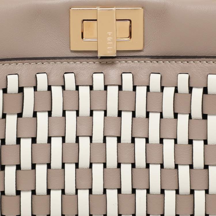 Pre Owned Fendi Grey/White Woven Leather Mini Peekaboo Top Handle Bag