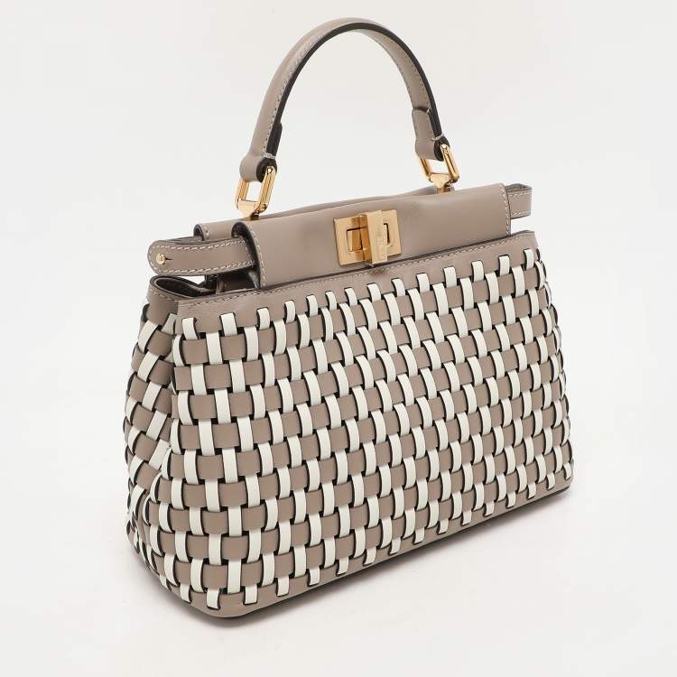 Pre Owned Fendi Grey/White Woven Leather Mini Peekaboo Top Handle Bag