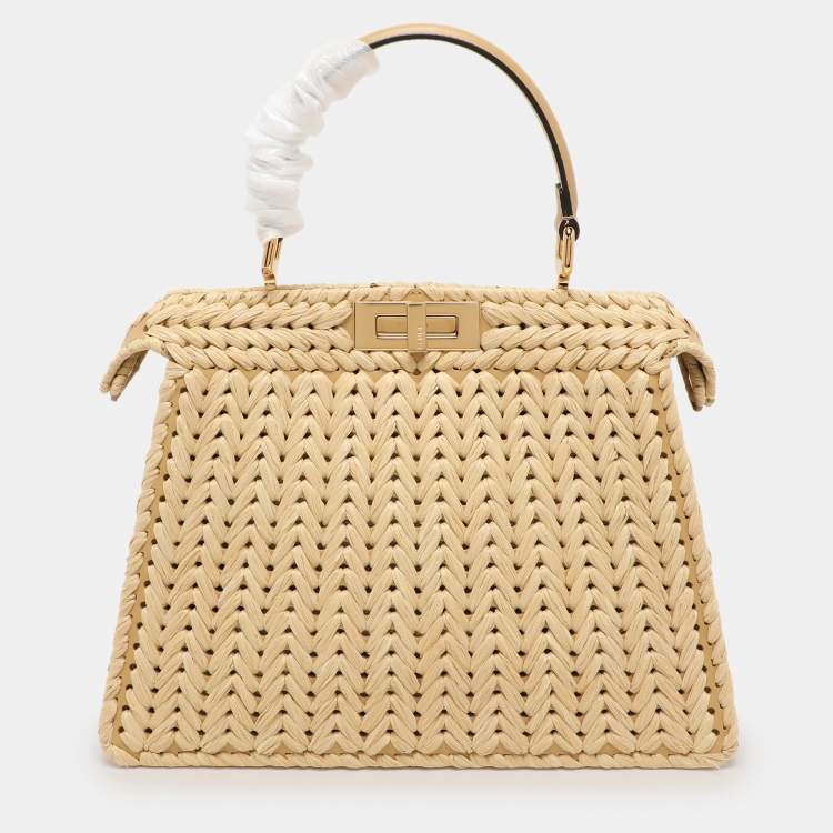 Pre Owned Fendi Beige Woven Leather and Straw Peekaboo Medium Iseeu Top Handle Bag