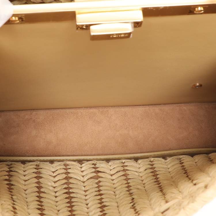 Pre Owned Fendi Beige Woven Leather and Straw Peekaboo Medium Iseeu Top Handle Bag
