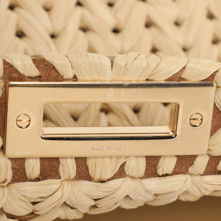 Pre Owned Fendi Beige Woven Leather and Straw Peekaboo Medium Iseeu Top Handle Bag