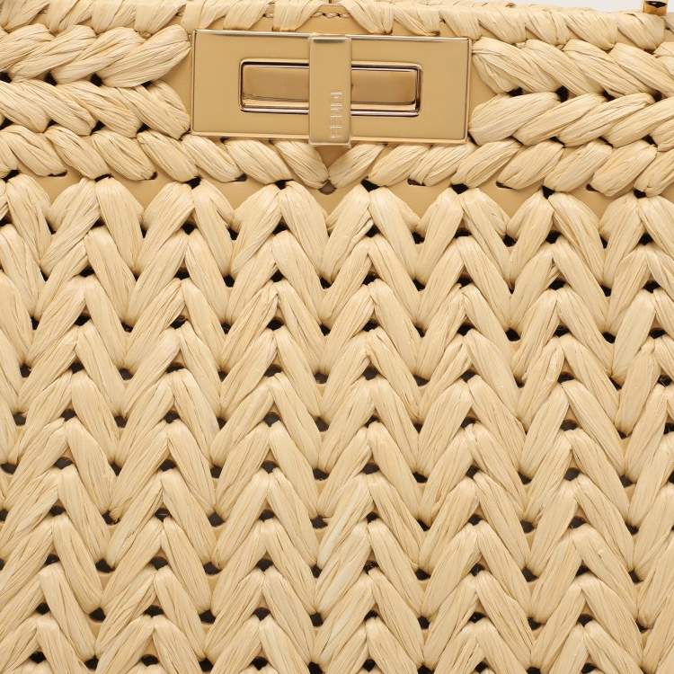 Pre Owned Fendi Beige Woven Leather and Straw Peekaboo Medium Iseeu Top Handle Bag