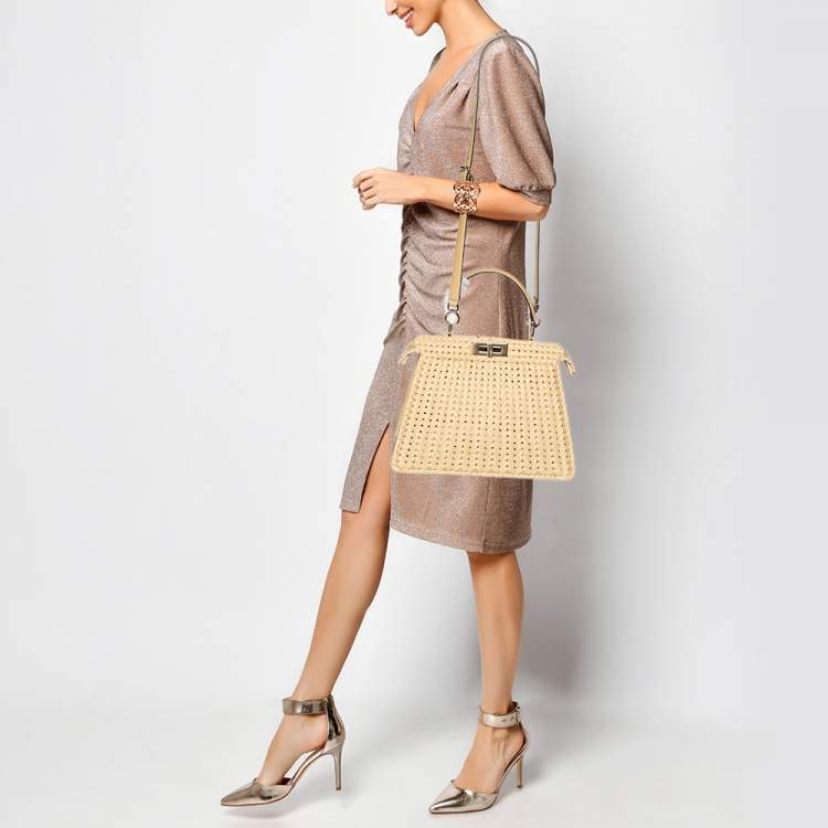 Pre Owned Fendi Beige Woven Leather and Straw Peekaboo Medium Iseeu Top Handle Bag