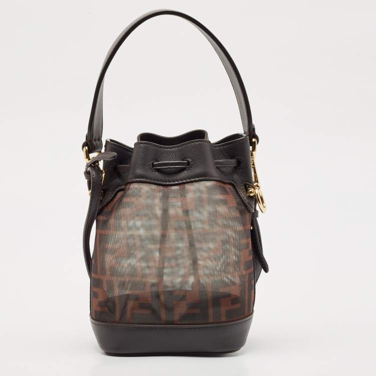 Pre Owned Fendi Tobacco Zucca Mesh and Leather Mini Mon Tresor Bucket Bag