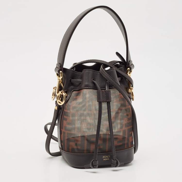 Pre Owned Fendi Tobacco Zucca Mesh and Leather Mini Mon Tresor Bucket Bag