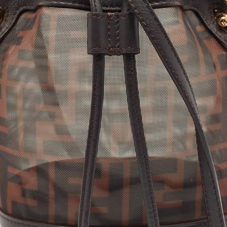 Pre Owned Fendi Tobacco Zucca Mesh and Leather Mini Mon Tresor Bucket Bag